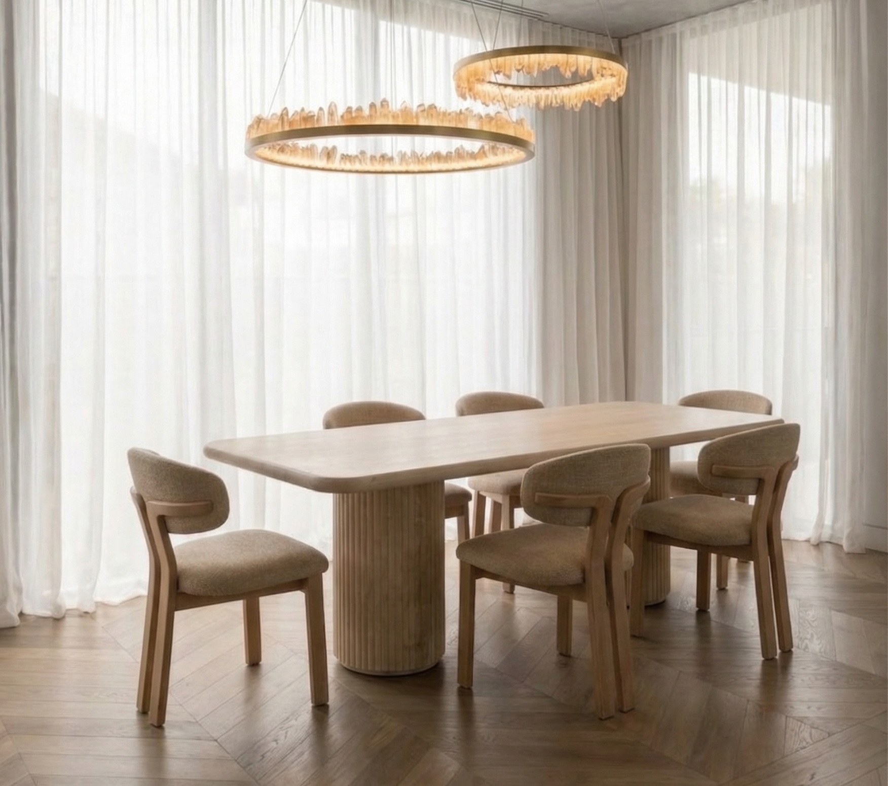 Ombre chevron oak flooring in dining room